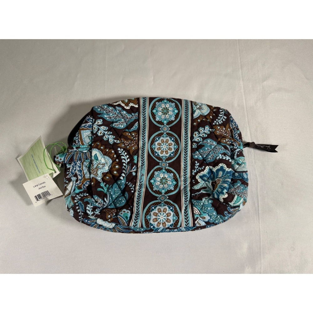 NWT Vera Bradley Lrg Cosmetic Bag Java Blue Quilted Floral Paisley Travel Pouch